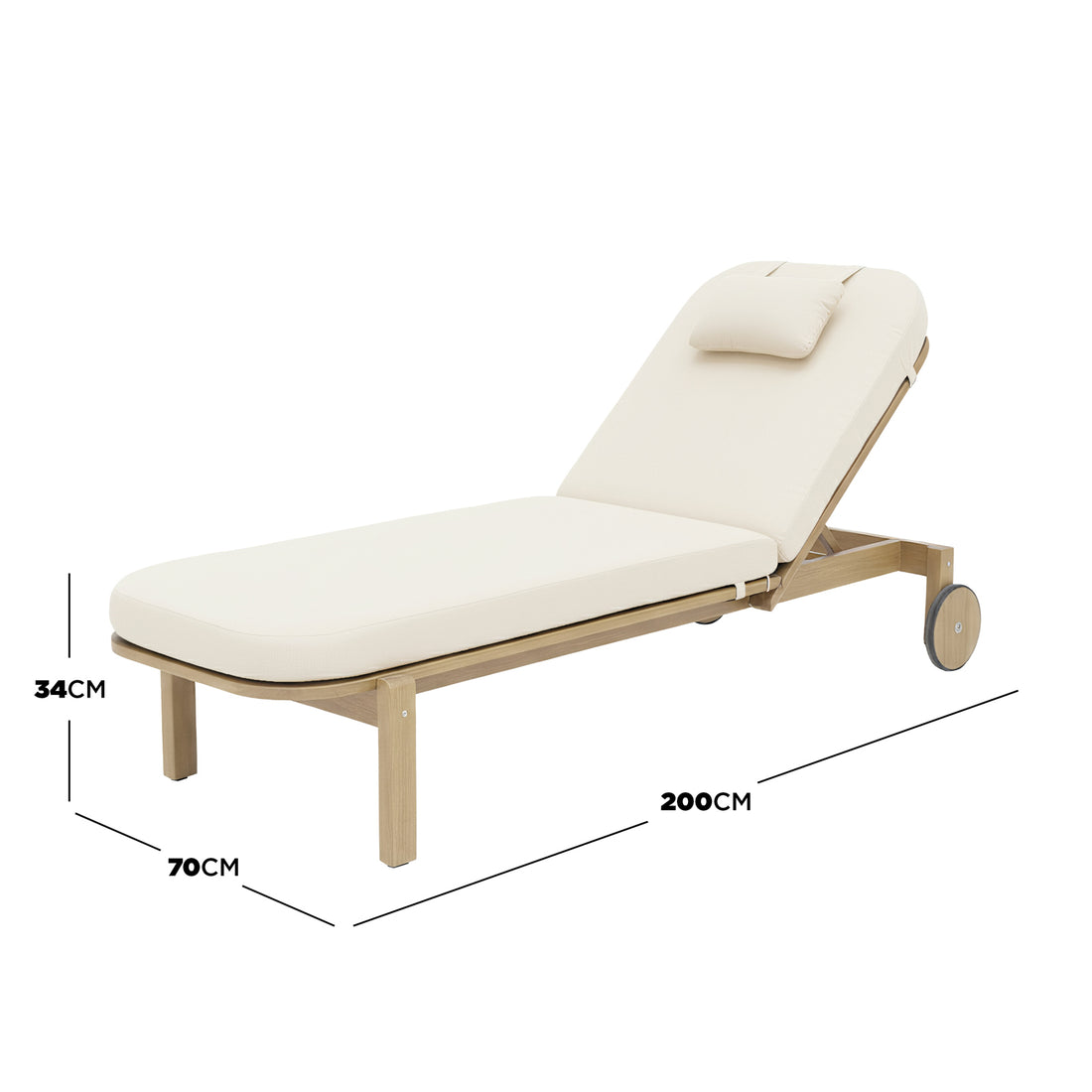 Zyra Hardwood Reclining Sun Lounger with Cushion in Cream on a light-wood frame, featuring adjustable backrest, fixed legs, head pillow, and wheels for easy mobility; dimensions: 200cm x 70cm x 34cm.