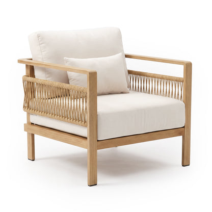 Accent chair with woven rope details and cushions on a white background