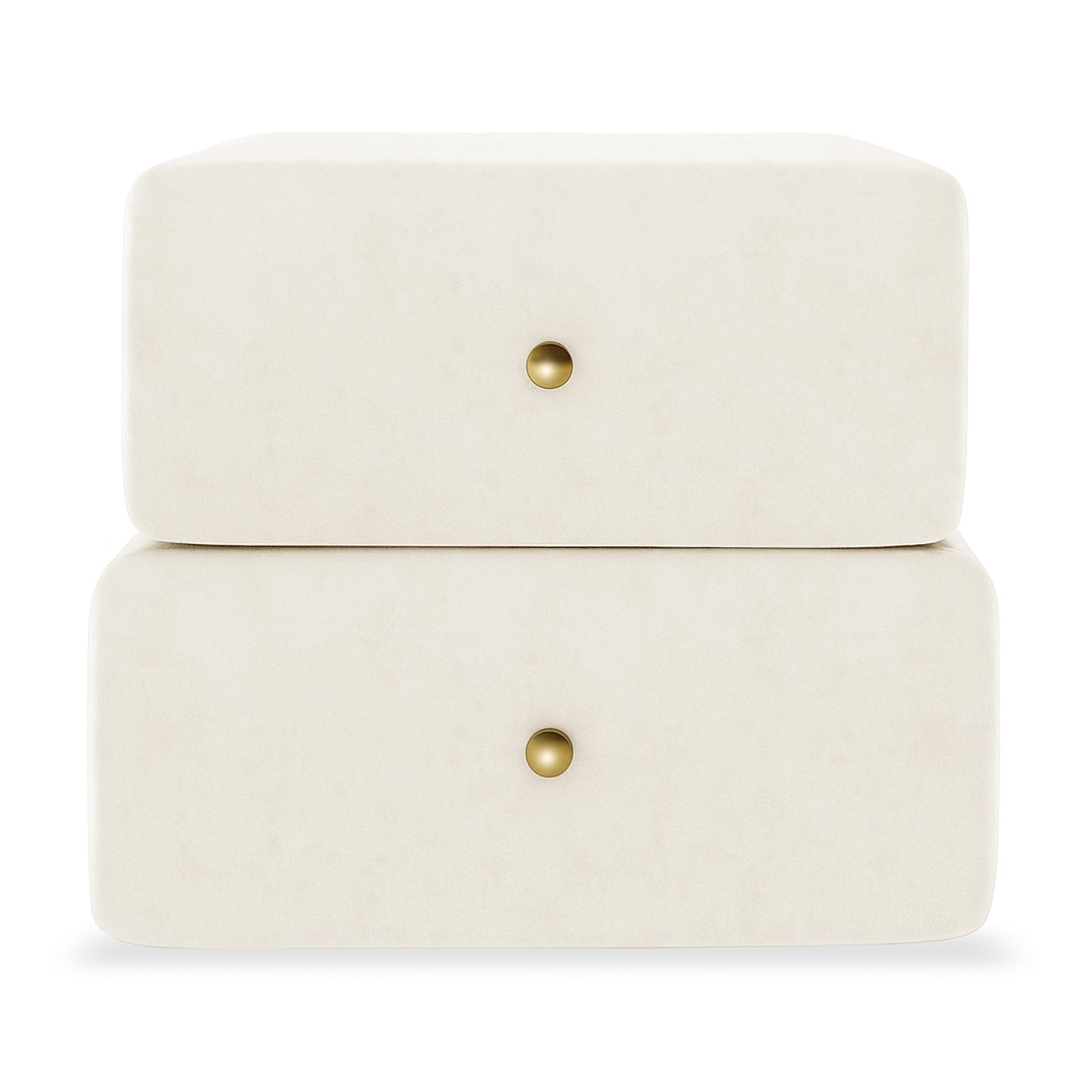 Luxo Tyla Modern Velvet Bedside Table Beige features two stacked off-white velvet drawer modules, each with a central brass knob, showcasing a plush, compact design perfect for enhancing bedroom elegance.