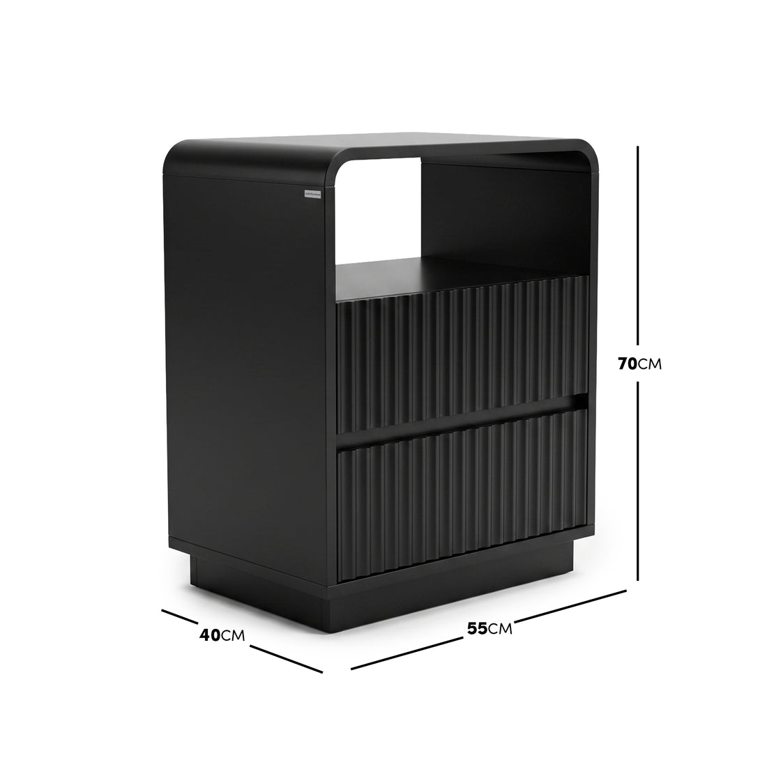 Black cabinet with dimensions marked 70 cm high, 55 cm wide, and 40 cm deep on a white background