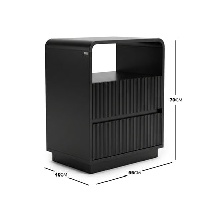 Black cabinet with dimensions marked 70 cm high, 55 cm wide, and 40 cm deep on a white background