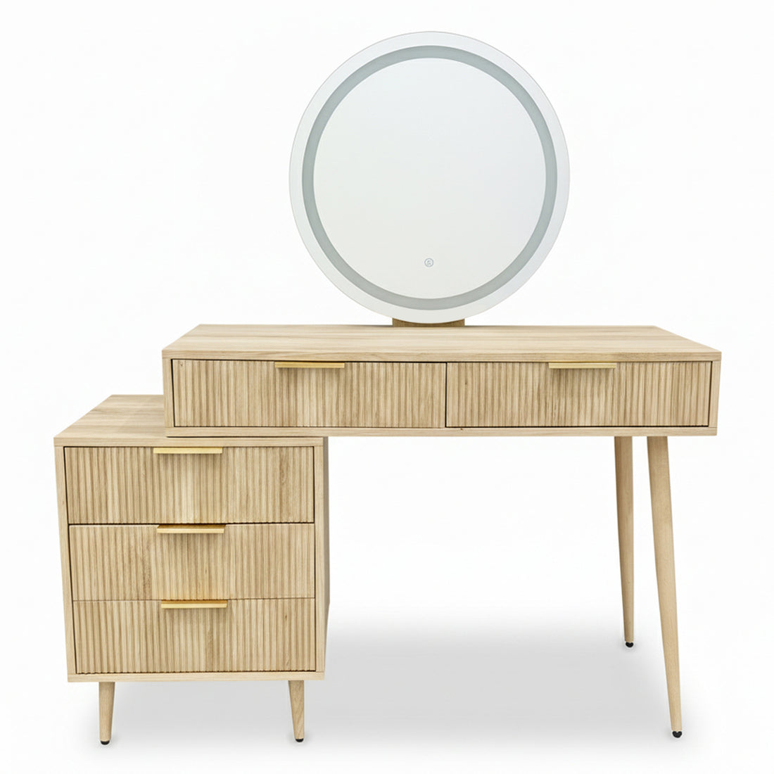 Serenity Dressing Table with Touch Screen Mirror in Natural features a mid-century design with a round LED mirror, multiple drawers, and an extendable tabletop on slender legs, ideal for modern beauty routines.