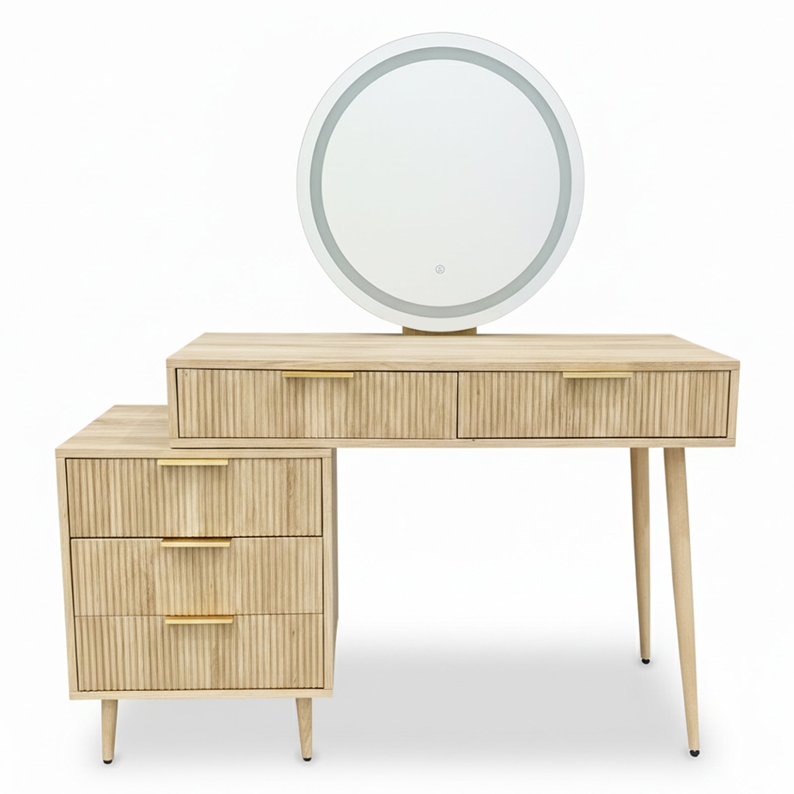 Serenity Dressing Table with Touch Screen Mirror in Natural features a mid-century design with a round LED mirror, multiple drawers, and an extendable tabletop on slender legs, ideal for modern beauty routines.