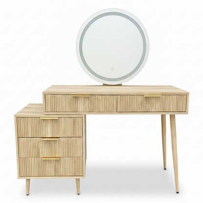 Serenity Dressing Table with Touch Screen Mirror in Natural features a mid-century design with a round LED mirror, multiple drawers, and an extendable tabletop on slender legs, ideal for modern beauty routines.