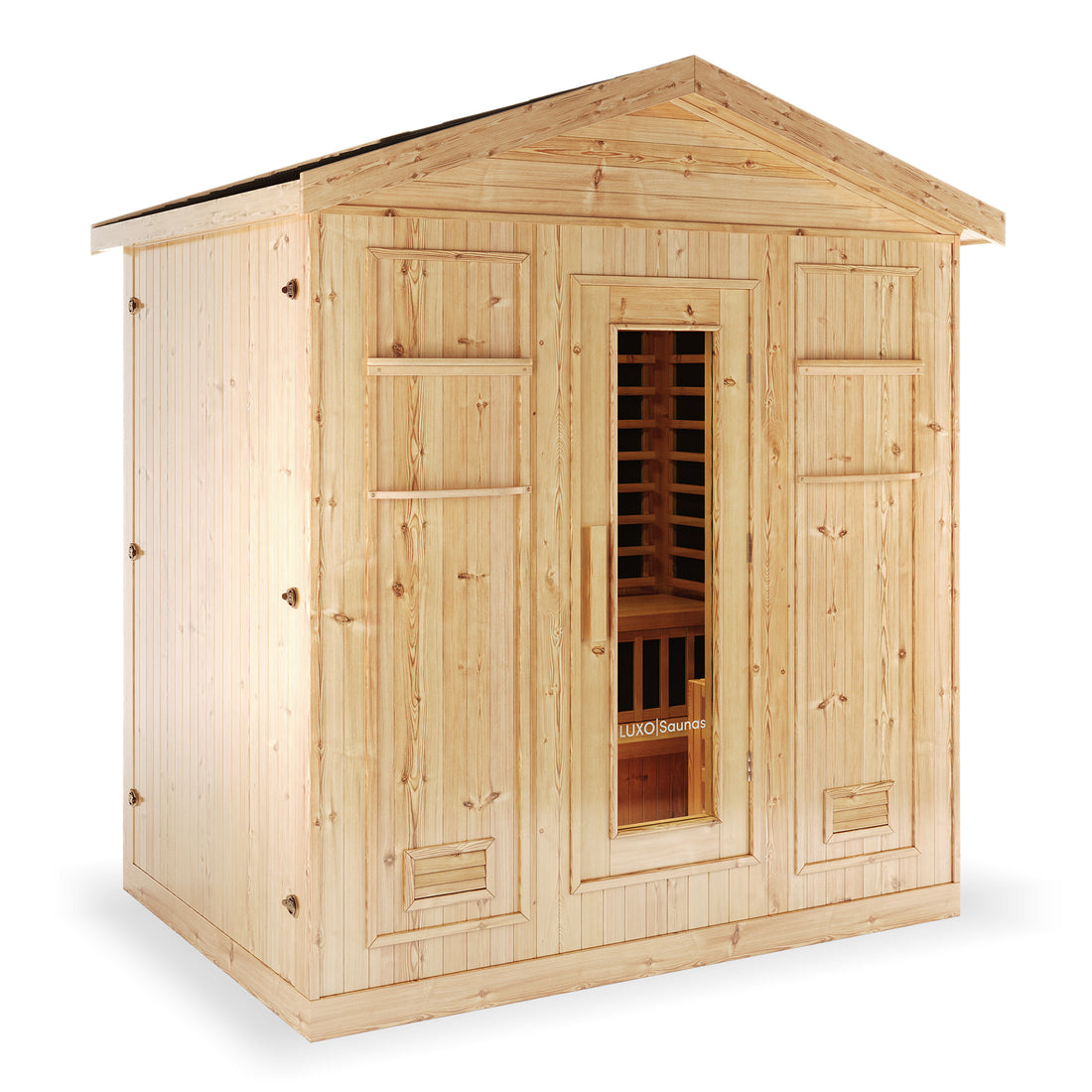 Luxo Kiima 6 Person Hybrid Finnish Outdoor Sauna in Natural, featuring a house-shaped pine cabin with a glass door, interior benching, and an infrared heater for ultimate backyard relaxation.