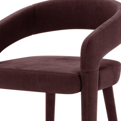 Eisha Velvet Bar Stool Set of 2 in Dark Plum featuring a modern design with curved backrests, plush velvet upholstery, padded seats, and fabric-wrapped legs, perfect for enhancing your bar or kitchen space.