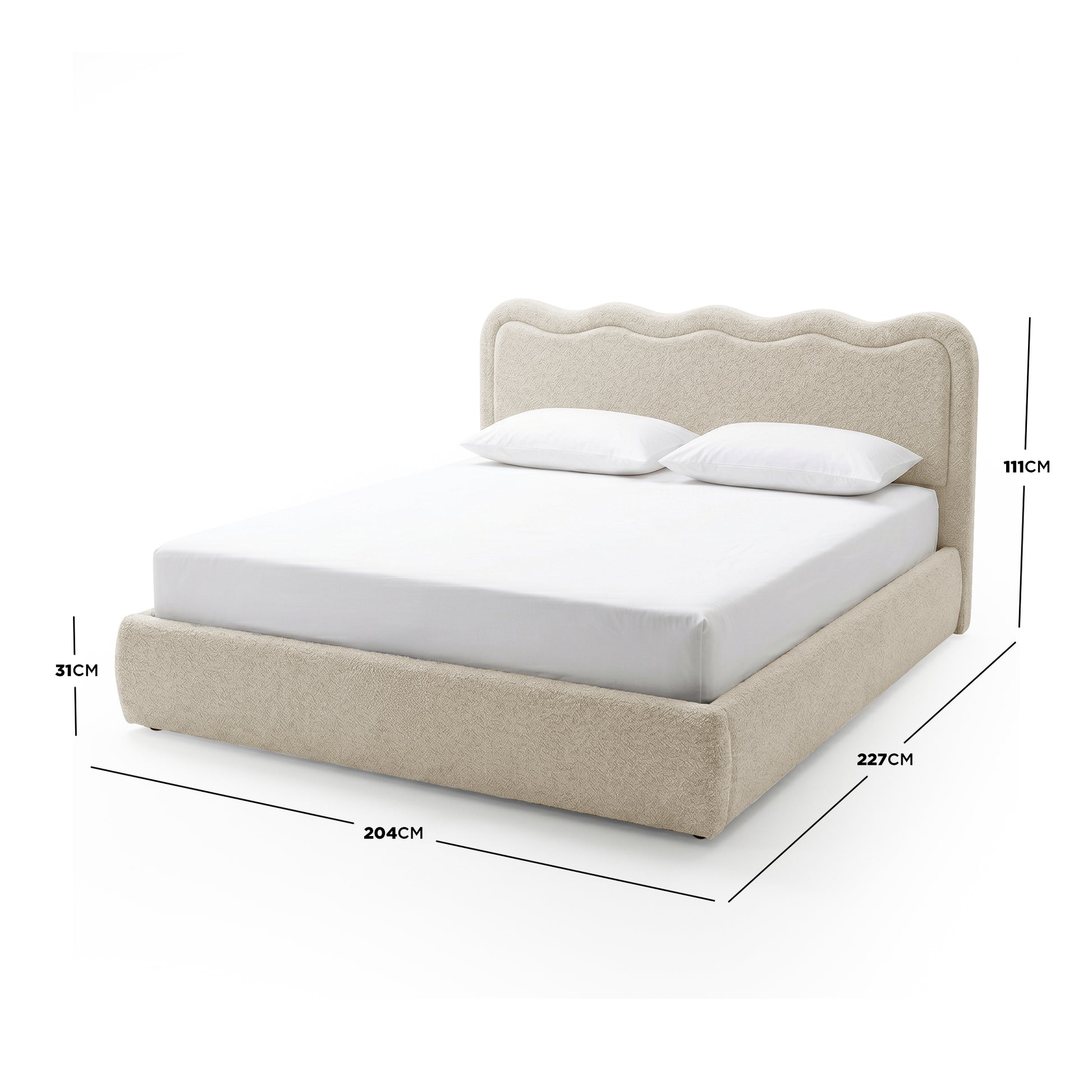 Beige upholstered bed with dimension measurements overlaid on white background