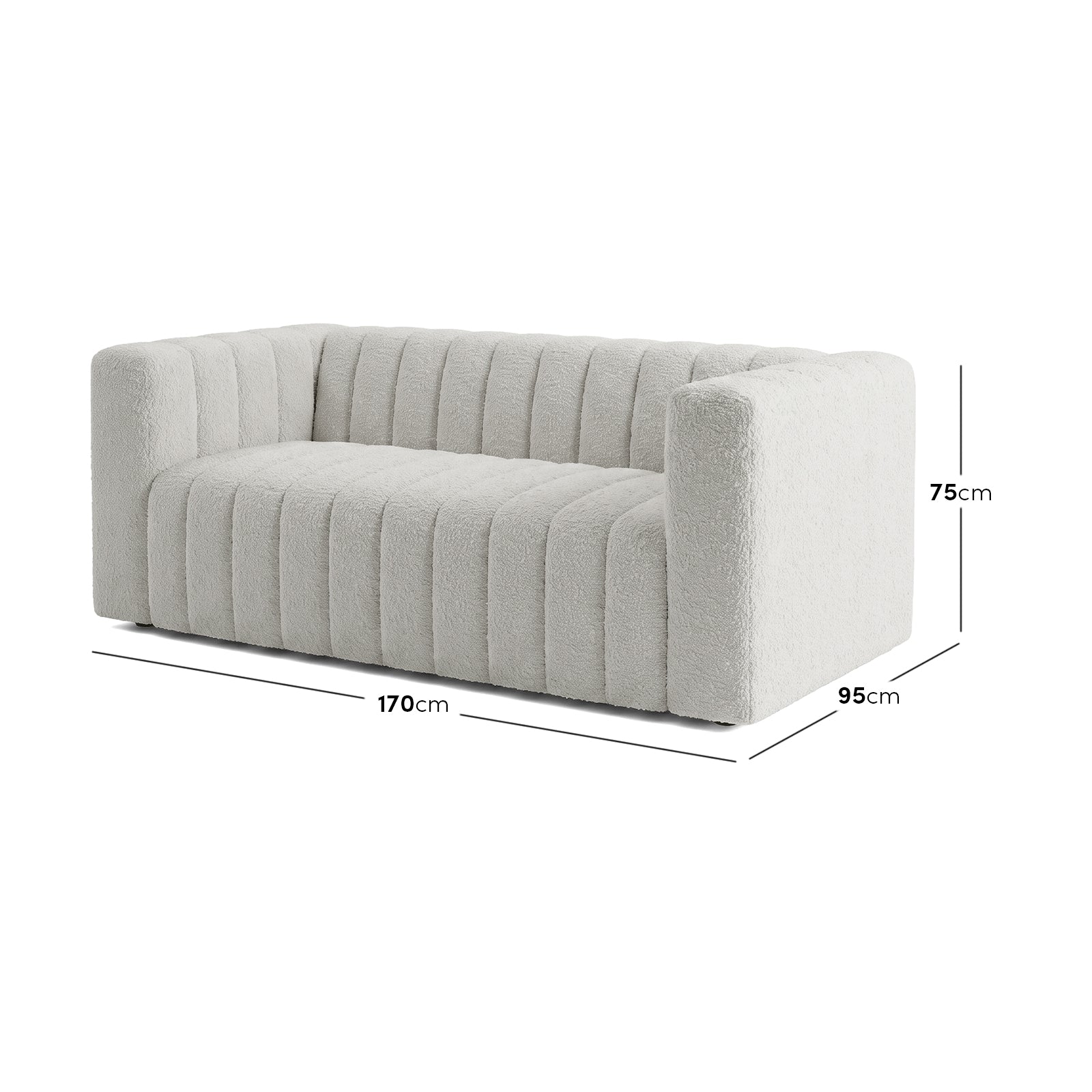 Modern sofa on white background with dimensions labeled 170 cm by 95 cm by 75 cm