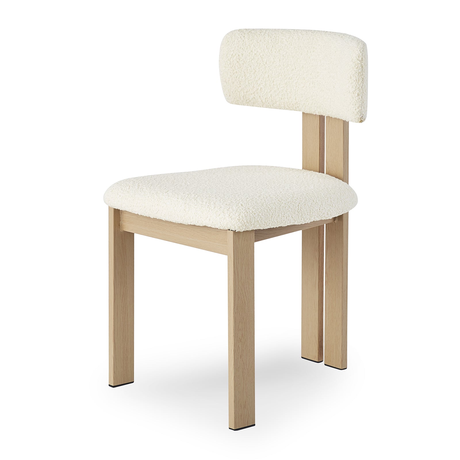 Haleo Curved Boucle Dining Chair Set of 2 in Cream White features a light-wood frame, padded seat, and backrest with boucle upholstery. The chair's modern design emphasizes comfort and style.
