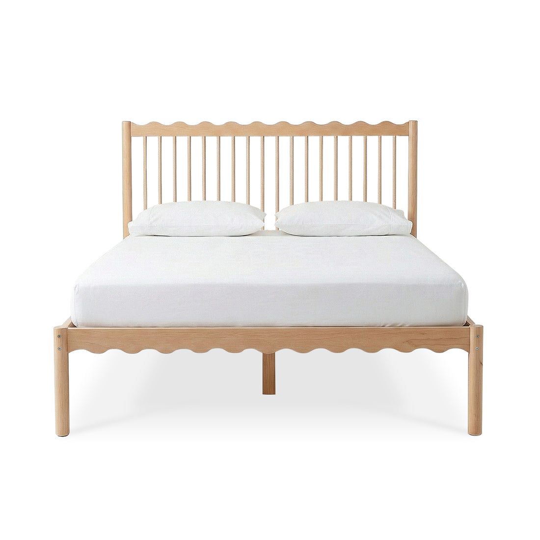 Wooden bed frame with wavy headboard design, white mattress and pillows on a white background
