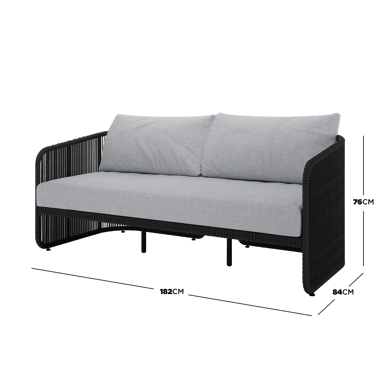 Solari 4 Seater Wicker Outdoor Sofa Set in Black, featuring a black metal frame with woven rope accents and light-gray cushions, ideal for patio use with its modern design and durable materials.
