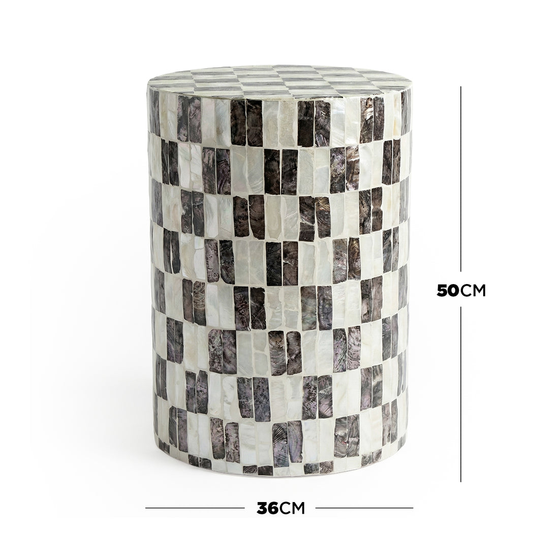 Checkered side table with dimensions 50 cm height and 36 cm diameter on white background