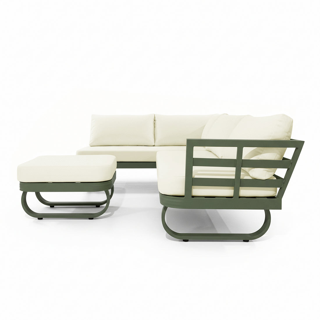 Paloma Modular Outdoor Lounge Set in Olive Green featuring an L-shaped design with a dark green metal frame, off-white cushions, and a matching ottoman, perfect for outdoor relaxation.