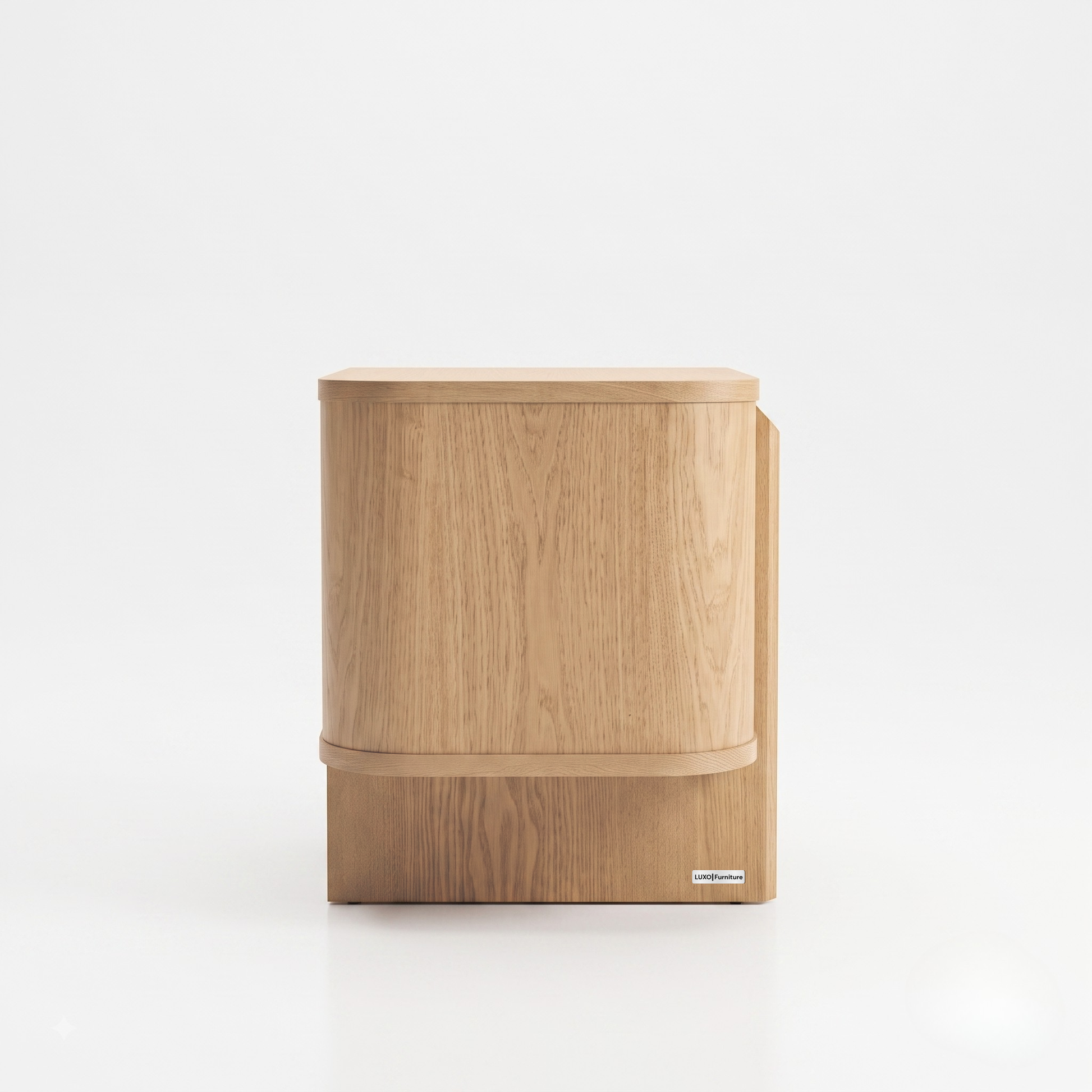 Minimalist wooden storage cabinet on a white background with rounded edges