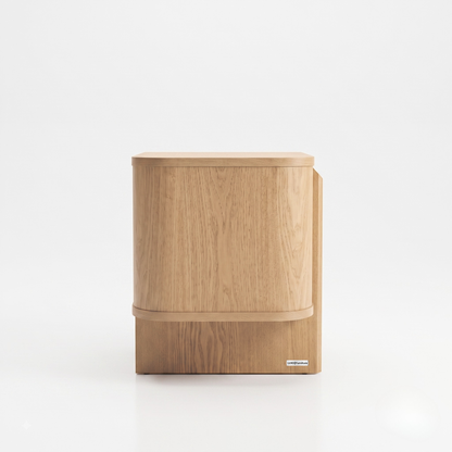 Minimalist wooden storage cabinet on a white background with rounded edges