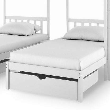 Aristos Triple Bunk Bed with Side Table in White featuring a twin-size top bed with mattress, pillow, and pull-out trundle drawer beneath, showcasing its clever, space-saving design.