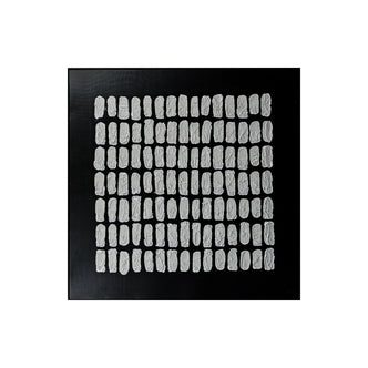 Elodie Framed Canvas Wall Art 105 x 105cm in Black features a grid of white textured marks on a black canvas, offering a hand-finished look that adds depth and sophistication to any space.