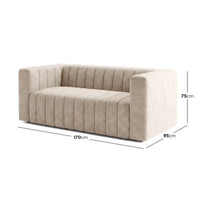 Beige sofa on white background with dimensions shown