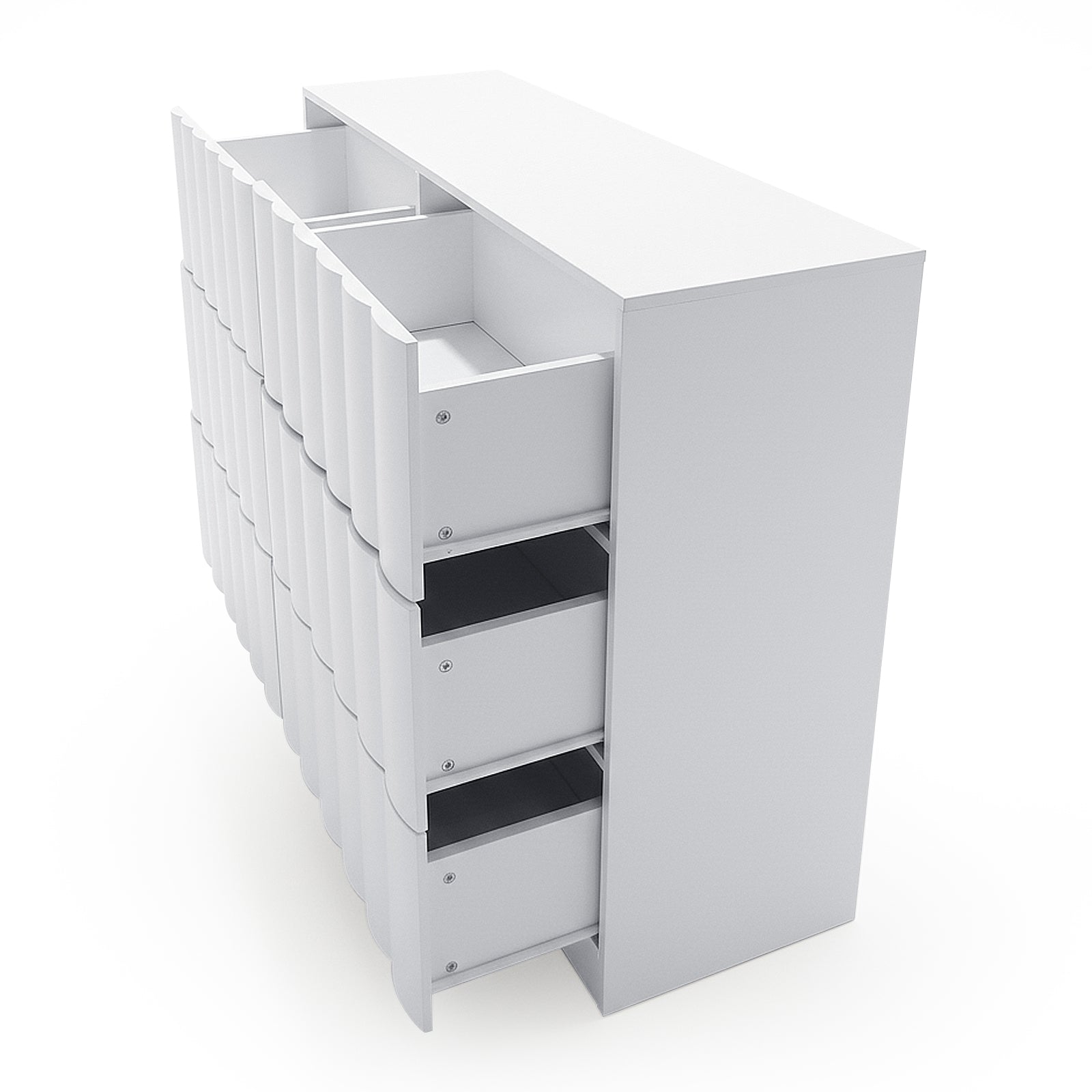White multi-drawer storage cabinet with some drawers open on white background