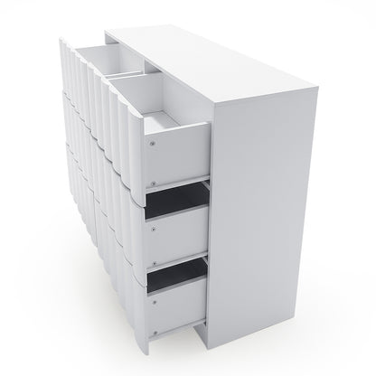 White multi-drawer storage cabinet with some drawers open on white background