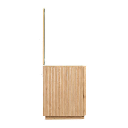 Side view of a light wood vanity or cabinet on a white background