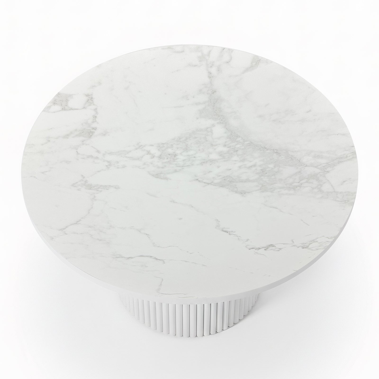 Evone 4 Seater Stone Outdoor Dining Table Set features a round, white marble-patterned tabletop with light gray veining on a fluted pedestal base, perfect for stylish outdoor dining.