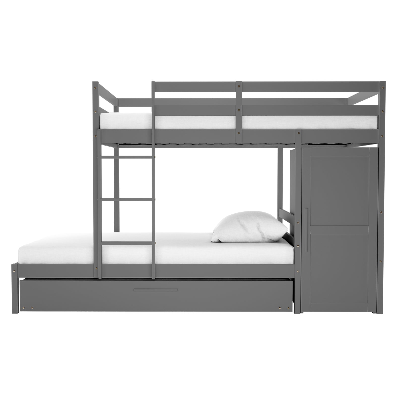 Aron Single Storage Bunk Bed with Trundle features a sleek design, top bunk with guardrails, built-in ladder, bottom bunk with pillow, pull-out trundle, and attached wardrobe, optimizing space and storage.