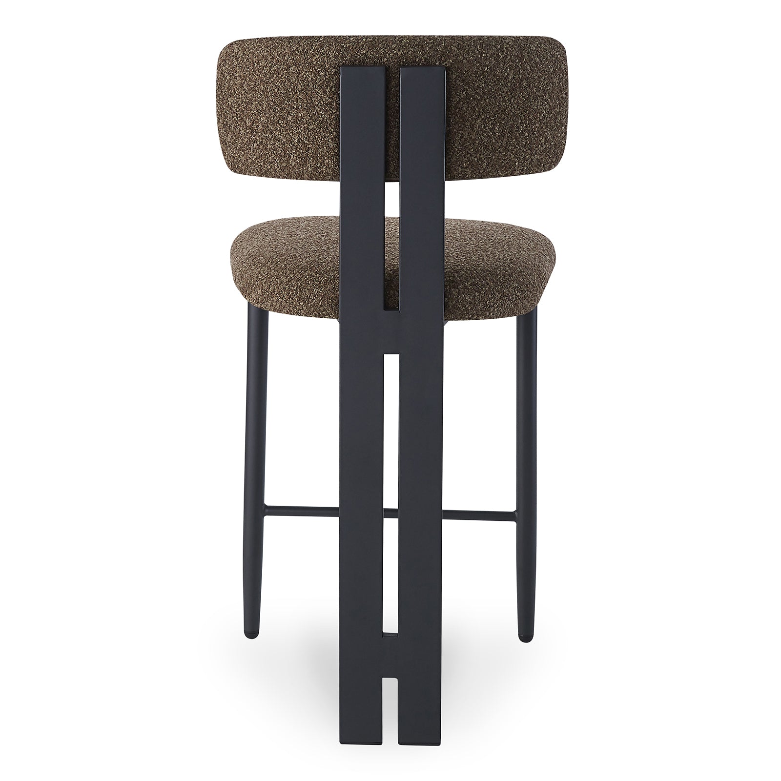 Haleo Curved Boucle Fabric Barstool Set of 2 in Rust Brown features a plush, curved brown seat and backrest on a sleek matte-black metal frame with slender legs and a footrest.