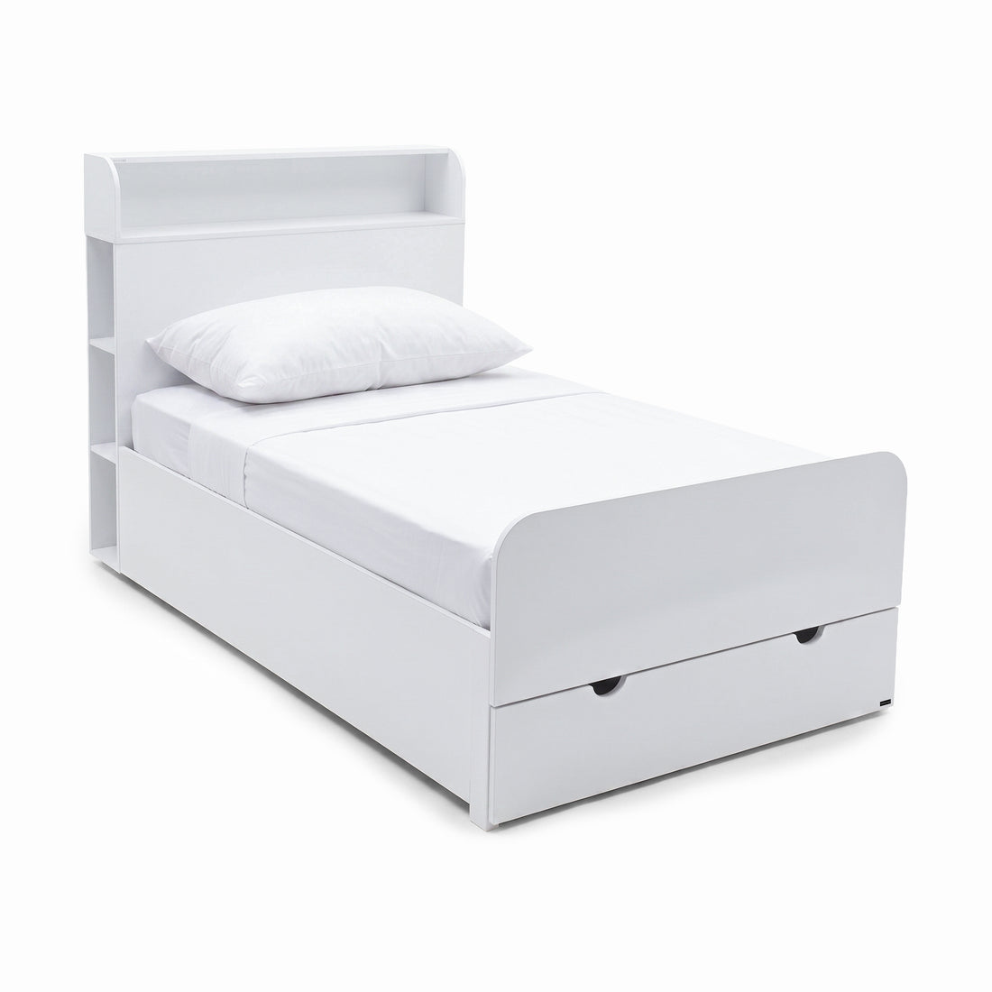White single bed with shelf headboard and pull-out drawer on a white background.