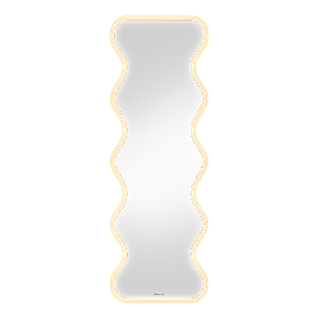 Contemporary wavy-edge LED mirror on white background