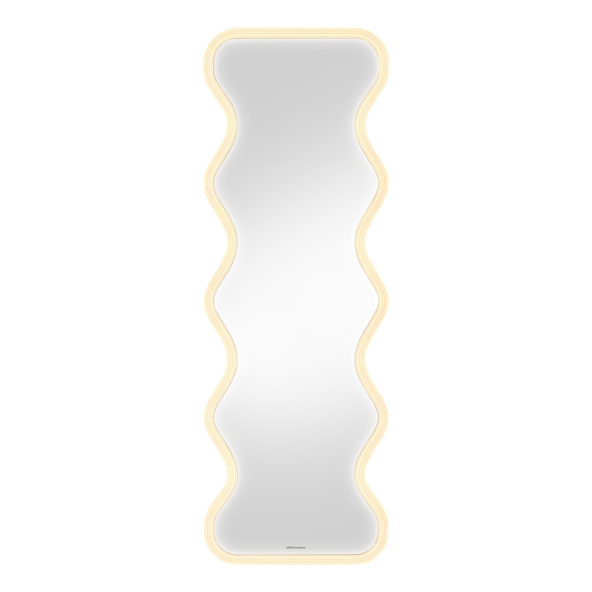 Contemporary wavy-edge LED mirror on white background