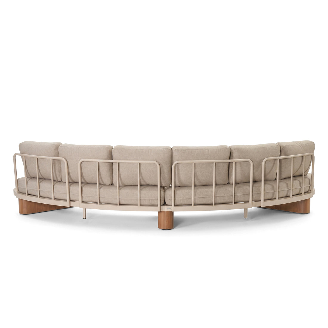 Curved sofa with metal frame and beige cushions on a white background