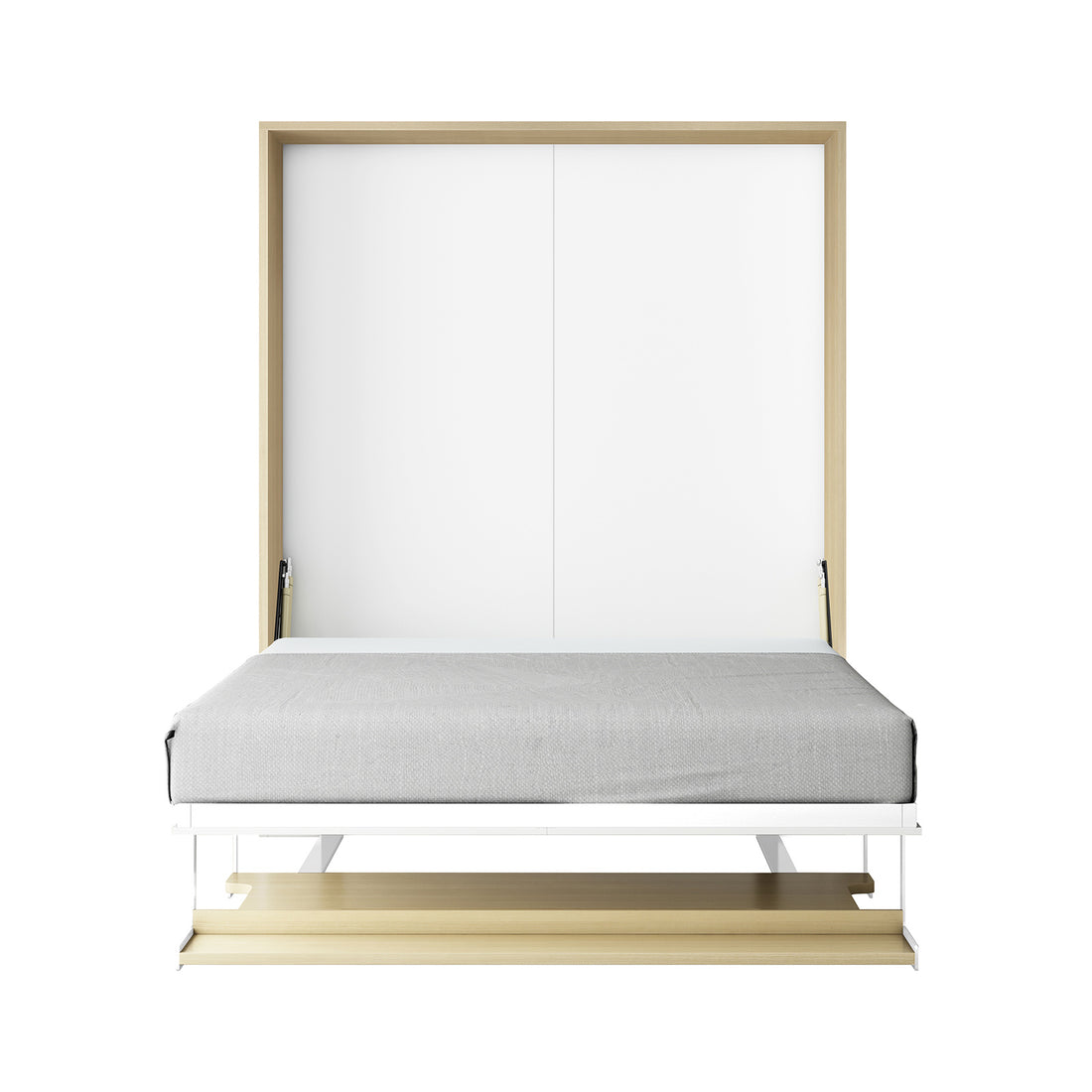 Logan Desk and Foldout Queen Wall Bed White & Natural in view, showcasing a sleek, wall-mounted design with a light wood finish, featuring a fold-down bed with a simple gray coverlet.