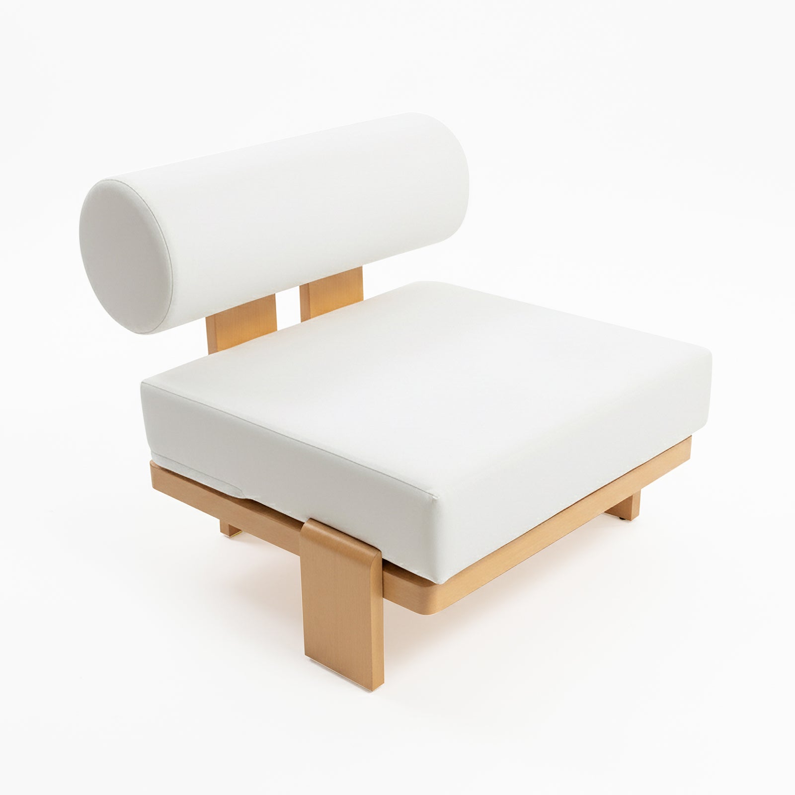 Modica 5 Seater Aluminium Outdoor Sofa Set in White features a minimalist design with a low-profile frame, thick square seat cushions, and cylindrical bolster backrests on a light-wood frame.