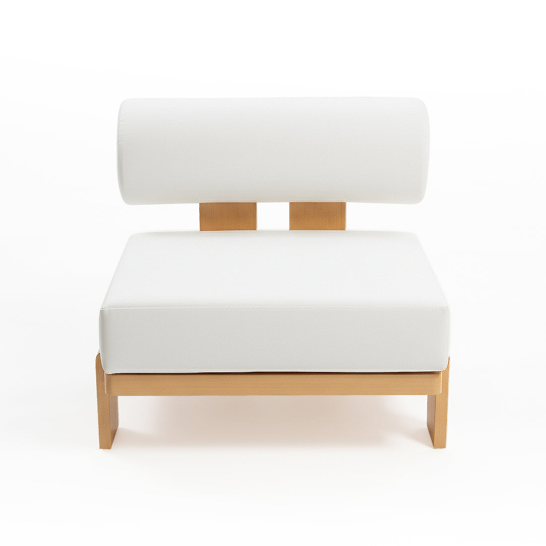 Modica 5 Seater Aluminium Outdoor Sofa Set in White features a low-profile lounge chair with squared white cushions on a light-wood frame, offering modern comfort and style for outdoor relaxation.