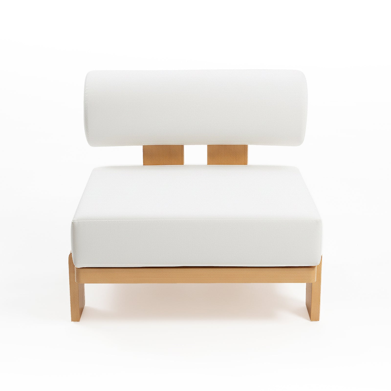 Modica 5 Seater Aluminium Outdoor Sofa Set in White features a low-profile lounge chair with squared white cushions on a light-wood frame, offering modern comfort and style for outdoor relaxation.