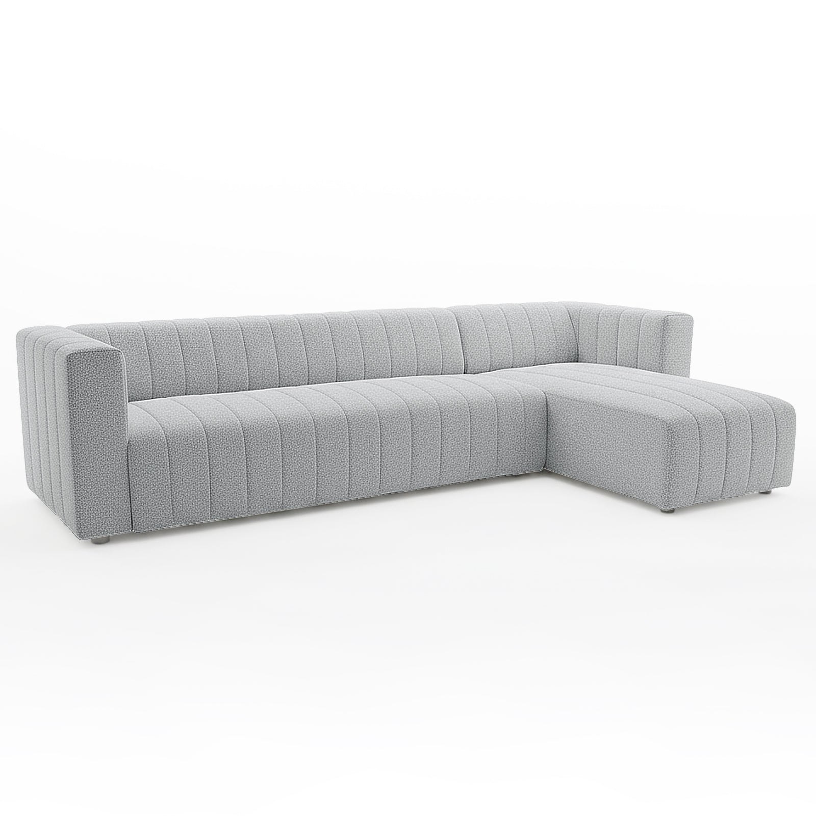 Parisa 4 Seater Tufted Boucle Sofa with Chaise in Light Grey, featuring pebble-textured fabric, low squared arms, vertical channel-tufting, and an extended chaise lounge for a contemporary, comfortable look.