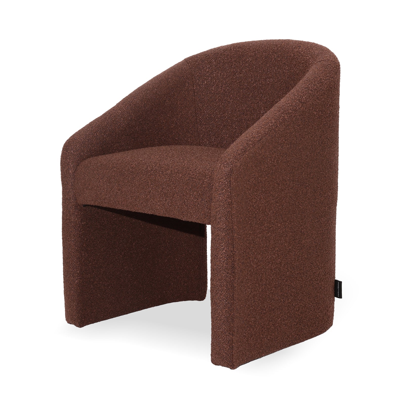 Nuve Bouclé Upholstered Accent Armchair in Rust Brown features a textured, deep-brown boucle fabric with a seamless curved back and arm design, offering compact comfort and modern elegance.