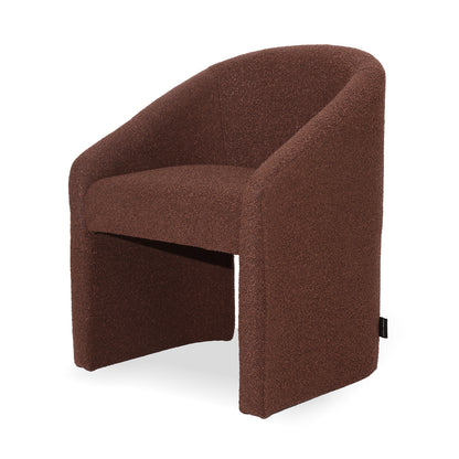 Nuve Bouclé Upholstered Accent Armchair in Rust Brown features a textured, deep-brown boucle fabric with a seamless curved back and arm design, offering compact comfort and modern elegance.