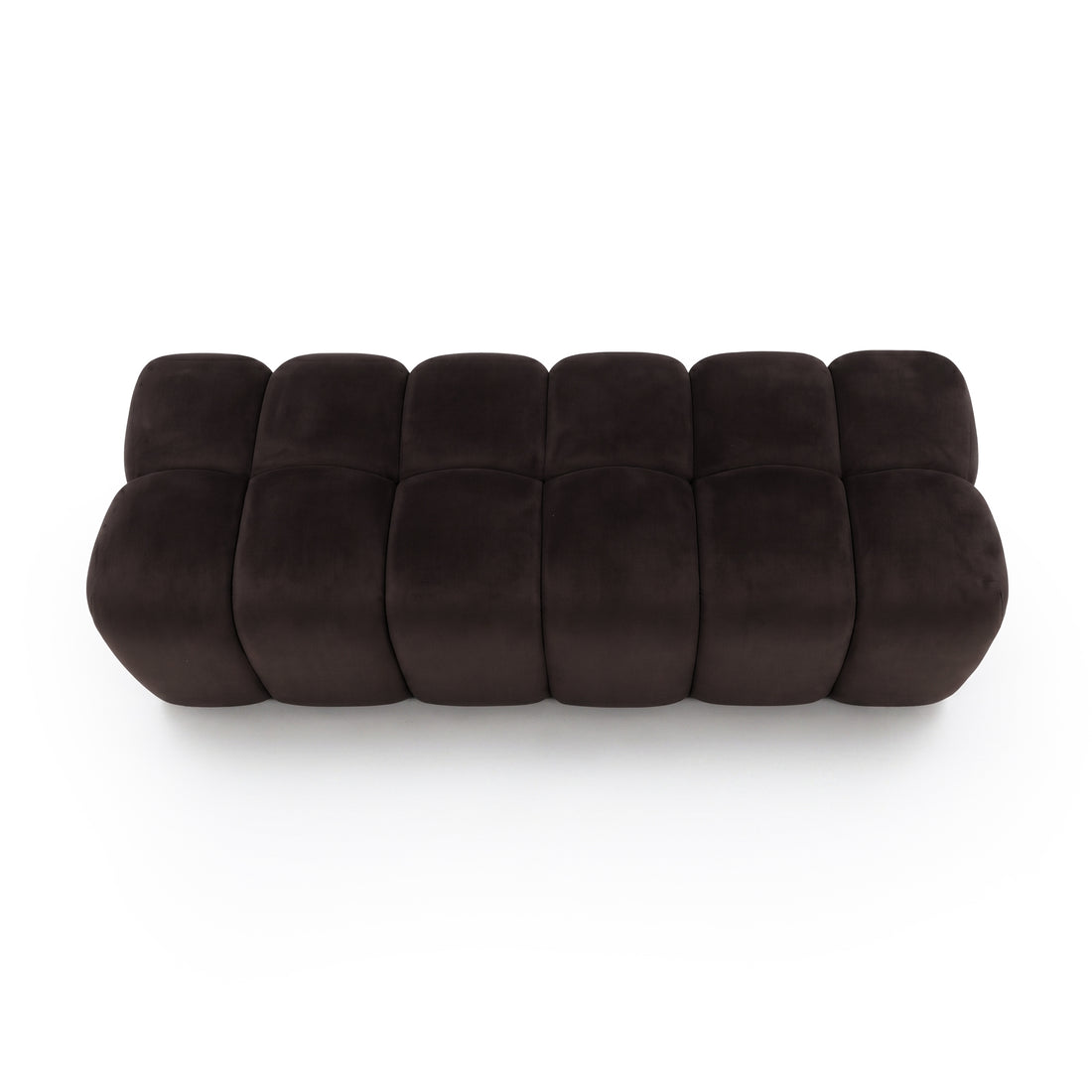 Top-down view of a chocolate brown upholstered ottoman bench on a white background.