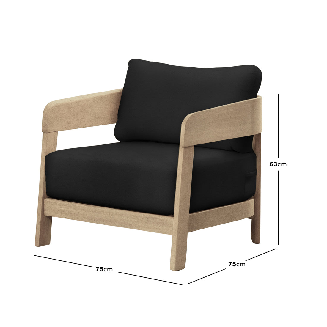 Elani 5-Seater Acacia Hardwood Outdoor Sofa Set in Black, featuring a 75x75 cm lounge armchair with a light-wood frame and removable black cushions, presenting modern comfort and natural timber warmth.