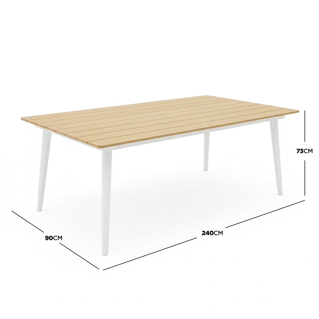 Casara 9 Piece Outdoor Dining Set in White and Beige featuring a slatted light-wood rectangular table with white splayed legs, inclusive of eight matching chairs, designed for alfresco dining.