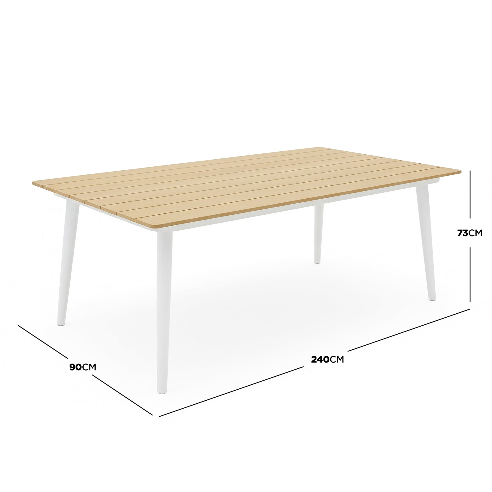 Casara 9 Piece Outdoor Dining Set in White and Beige featuring a slatted light-wood rectangular table with white splayed legs, inclusive of eight matching chairs, designed for alfresco dining.