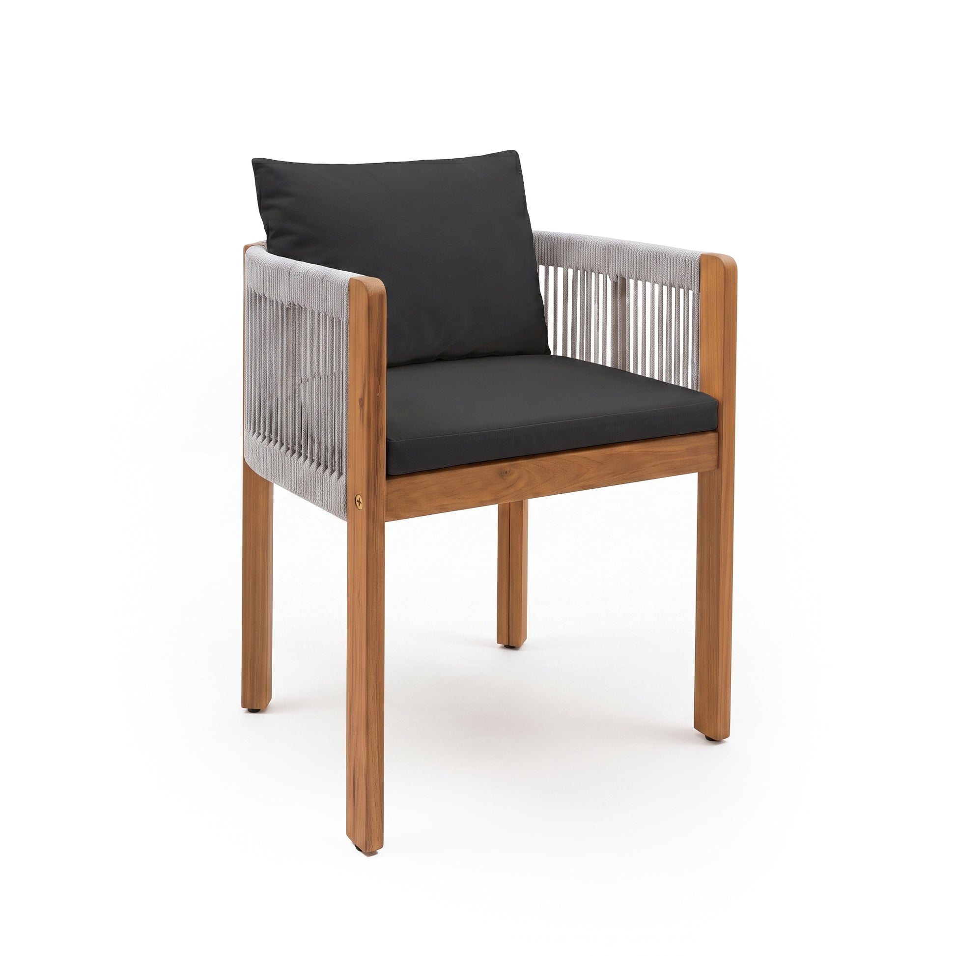 Contemporary wooden armchair with rope detailing on a white background