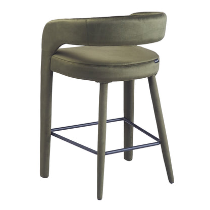 Modern olive green bar stool with tubular metal footrest on white background