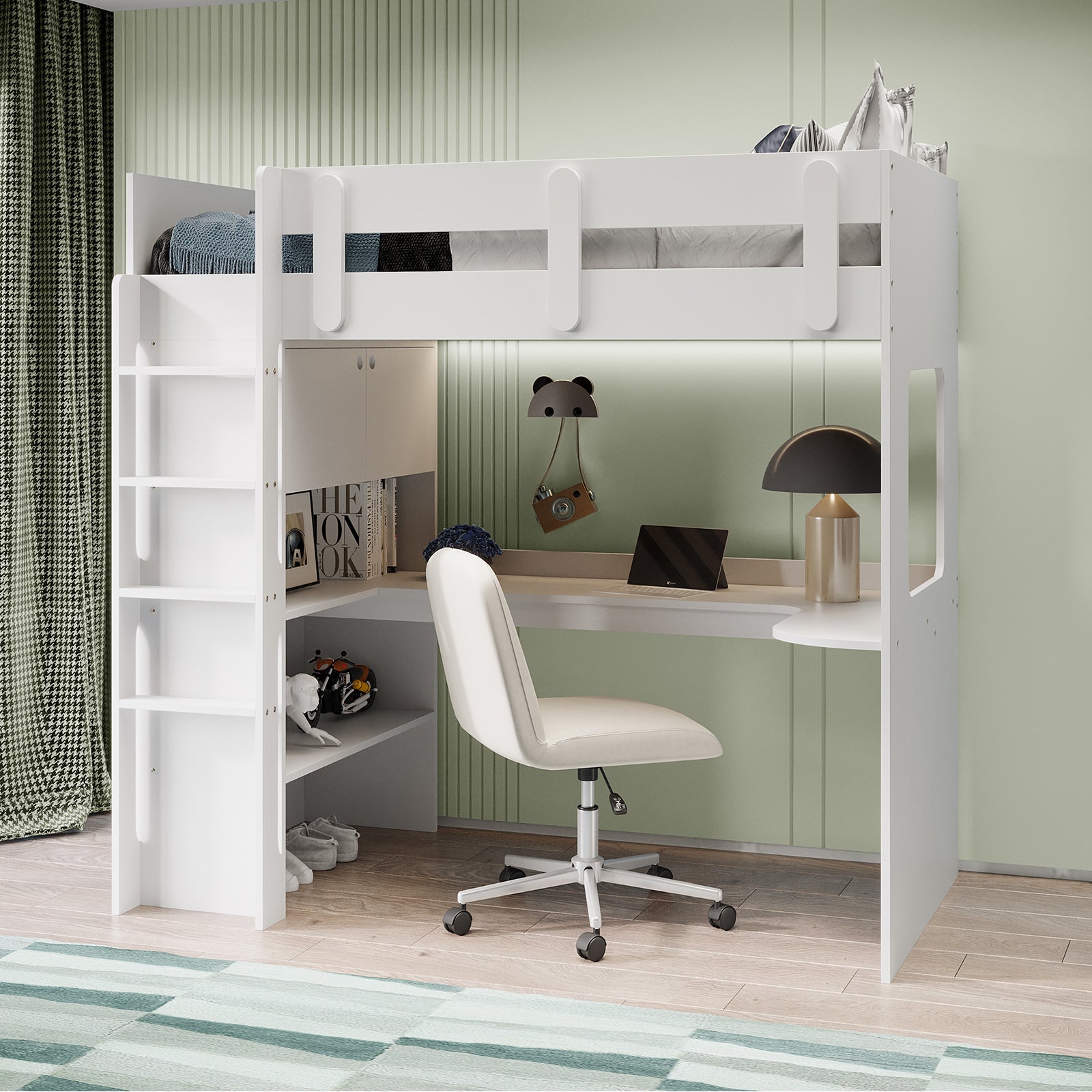 Hann Kids Single Loft Bed Desk Storage in White features a loft bed with ladder, integrated desk with task lamp, shelving with books and toys, and a cushioned swivel chair underneath.