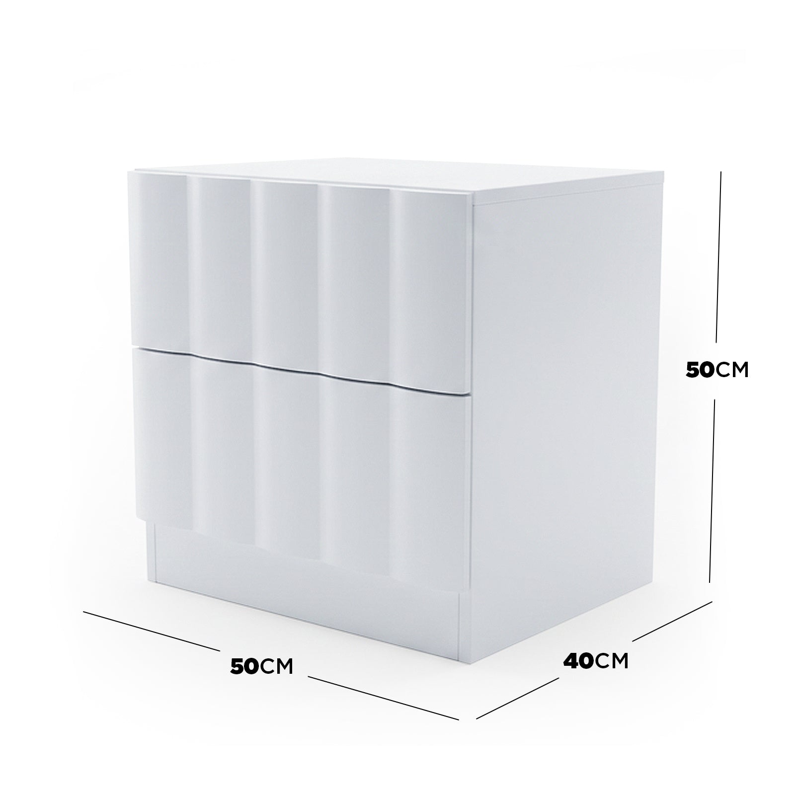 White nightstand on white background with dimensions