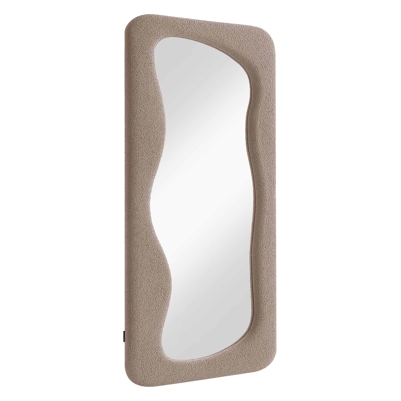 Sabrina 180cm Curved Full Length Mirror features a plush, taupe-colored frame with a wavy reflective surface, blending a modern, sculptural design with cozy boucle texture for stylish interiors.