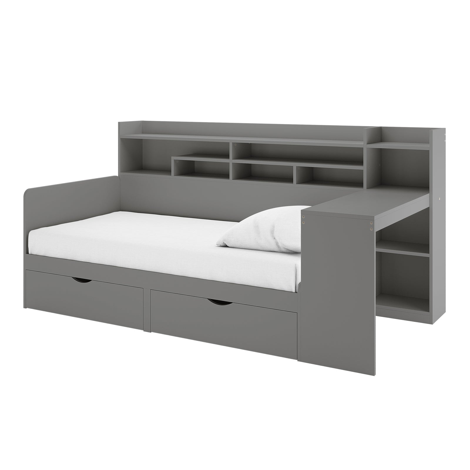 Hally Storage Single Bed with Desk and Drawers in Grey features a twin-size daybed, pull-out drawers, integrated shelving, and a compact desk, creating a multifunctional, organized space.