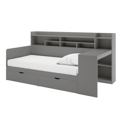 Hally Storage Single Bed with Desk and Drawers in Grey features a twin-size daybed, pull-out drawers, integrated shelving, and a compact desk, creating a multifunctional, organized space.